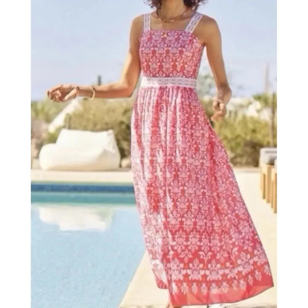 Talbots Coral Pink Voile Sleeveless Flare Maxi Dress Pockets Sundress Cotton 10P - Picture 1 of 15